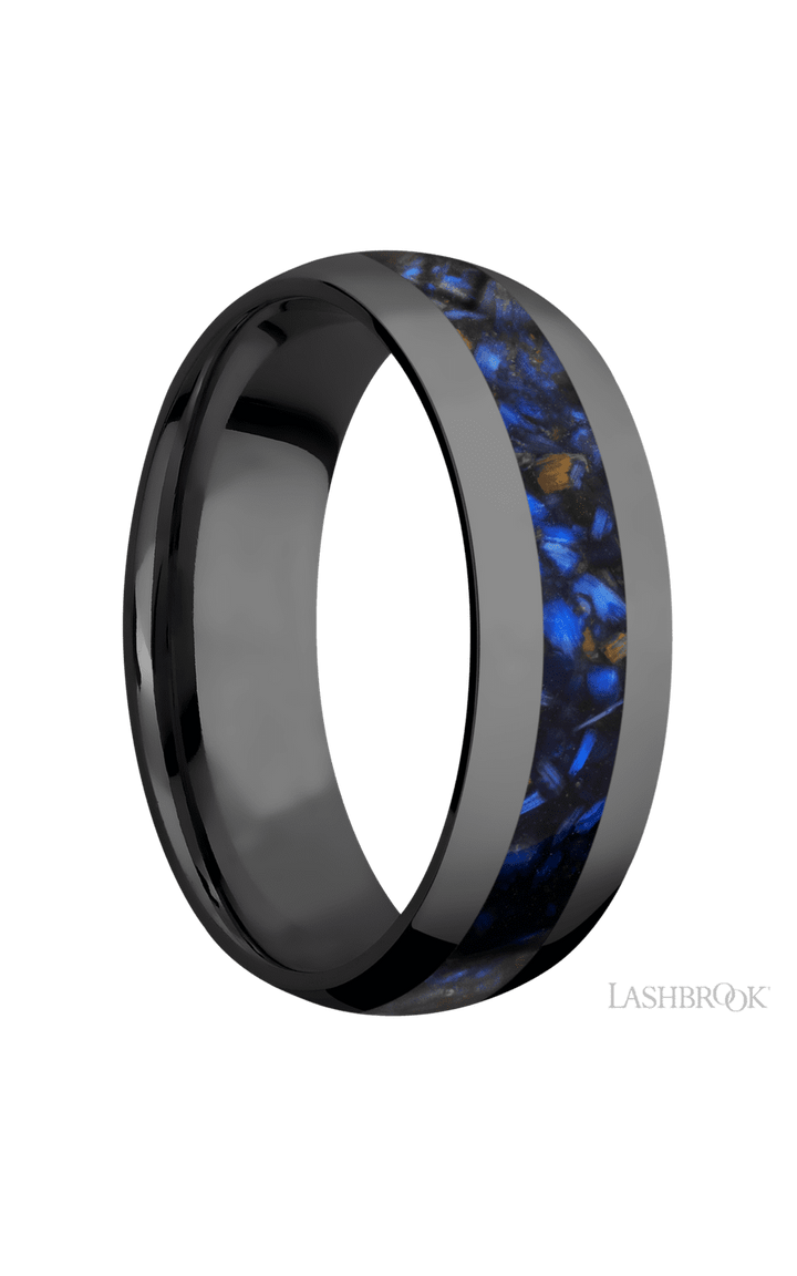 7 mm wide/Domed/Zirconium band with one 3 mm Centered inlay of Blue Tiger Eye.