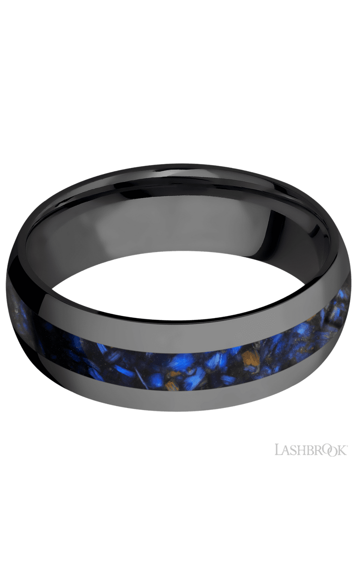 7 mm wide/Domed/Zirconium band with one 3 mm Centered inlay of Blue Tiger Eye.