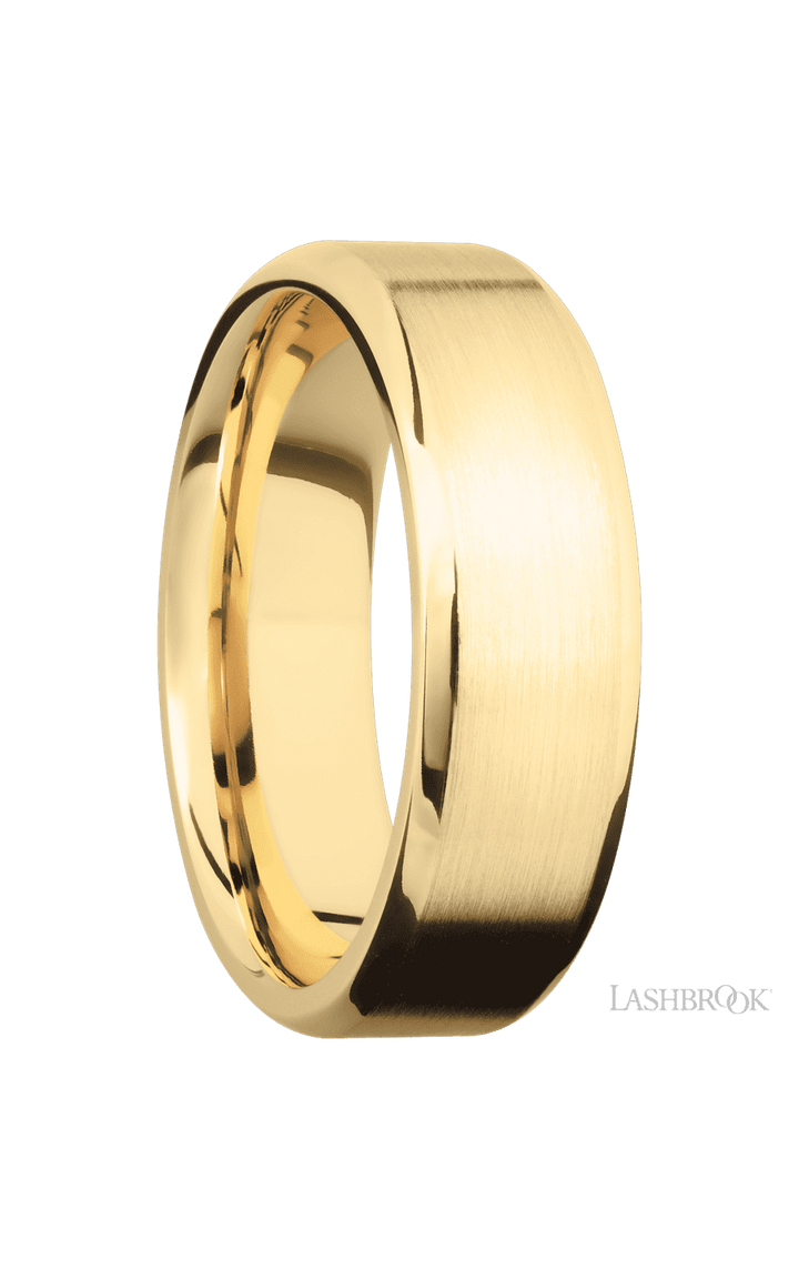 7 mm wide Beveled 10K Yellow Gold band.