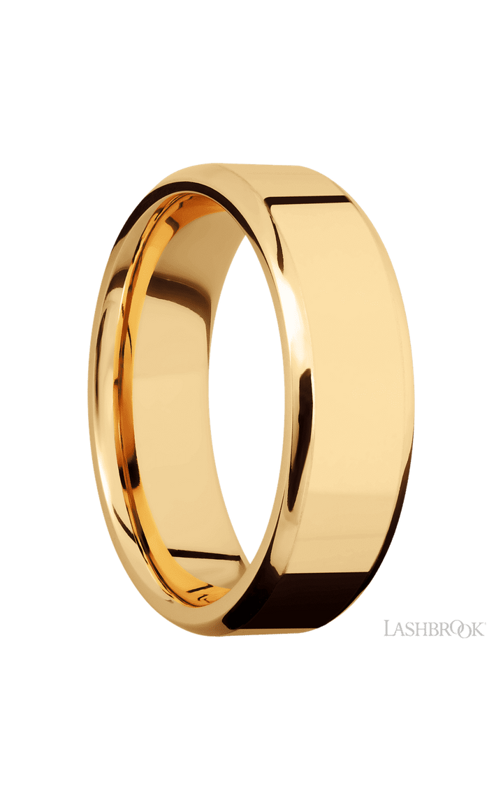 7 mm wide Beveled 14K Yellow Gold band.