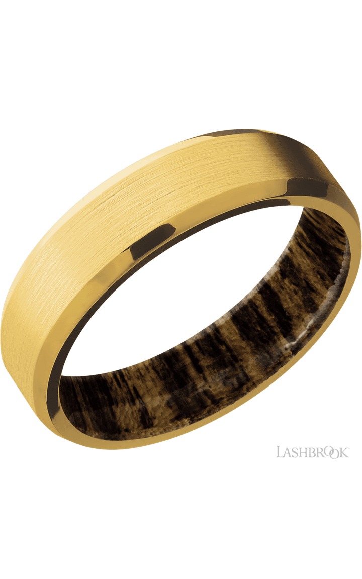 6 mm wide Beveled 18K Yellow Gold band featuring a Bocote sleeve.