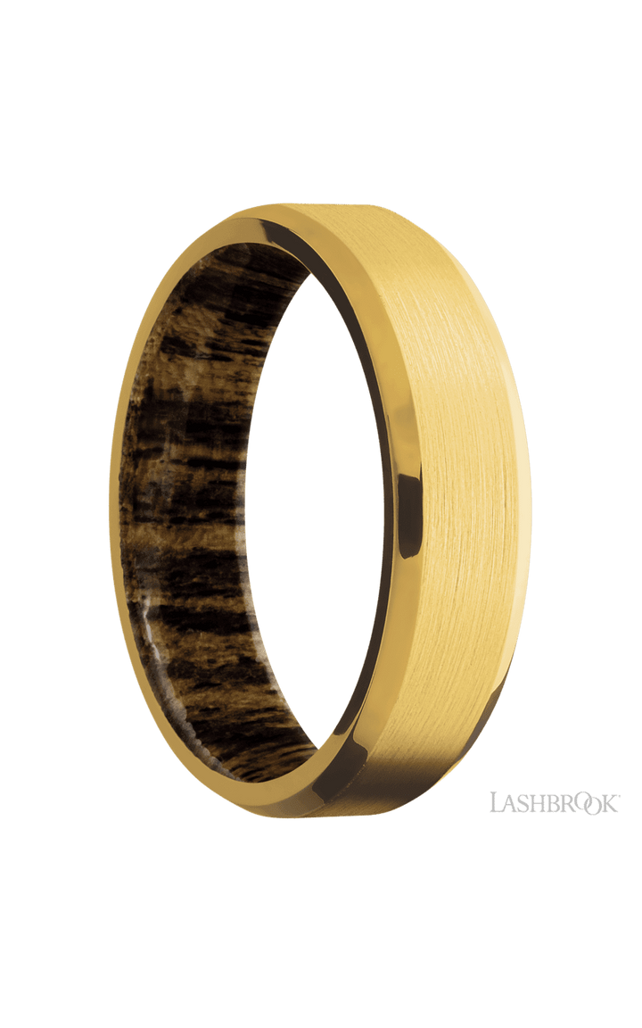 6 mm wide Beveled 18K Yellow Gold band featuring a Bocote sleeve.
