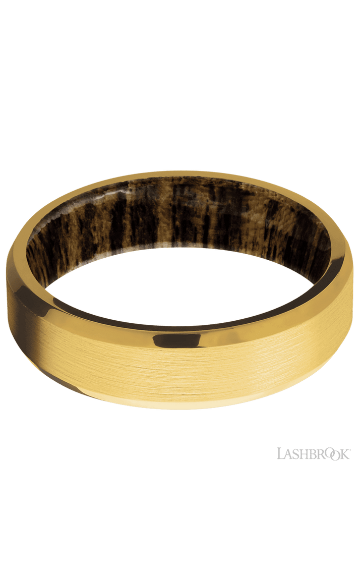 6 mm wide Beveled 18K Yellow Gold band featuring a Bocote sleeve.
