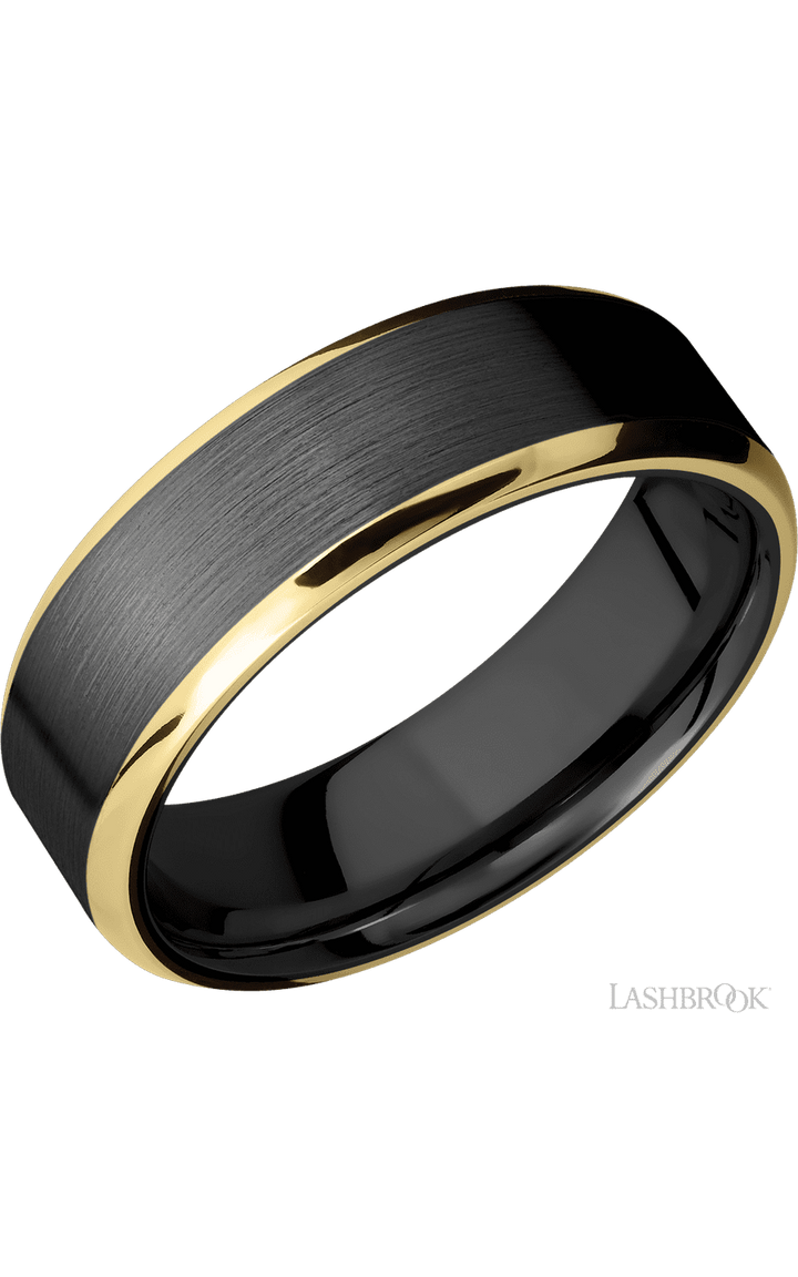7 mm wide/Beveled/Zirconium band with two 1 mm Edge inlays of 14K Yellow Gold.