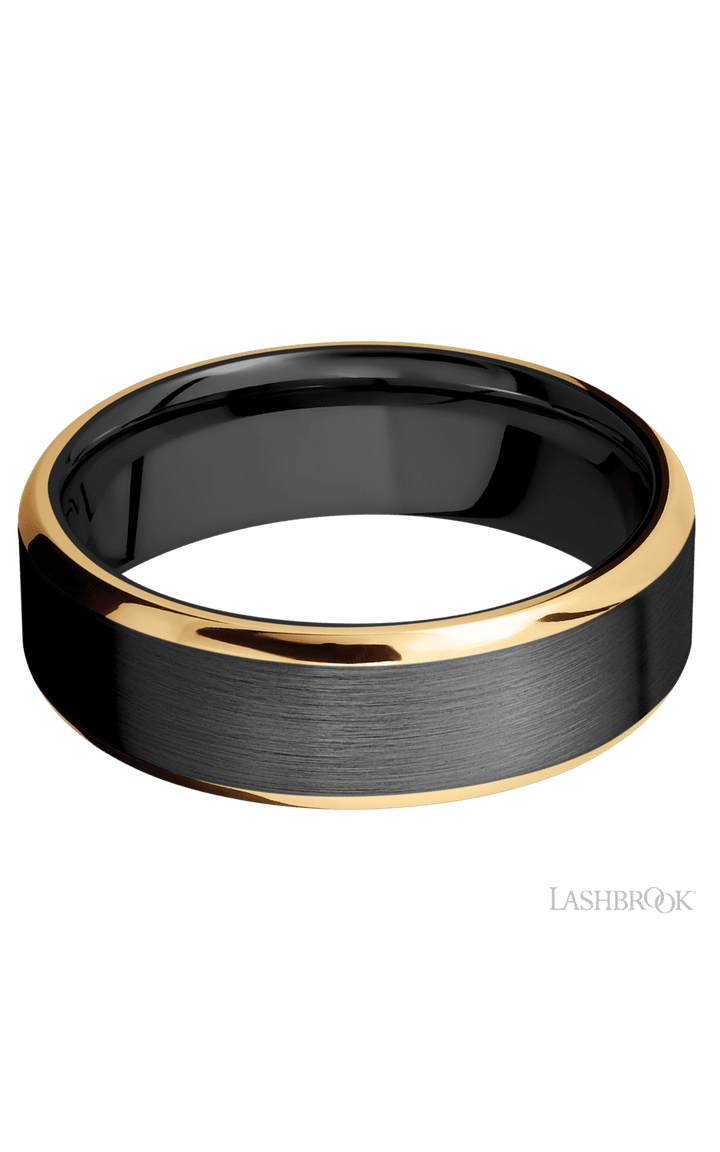 7 mm wide/Beveled/Zirconium band with two 1 mm Edge inlays of 14K Yellow Gold.