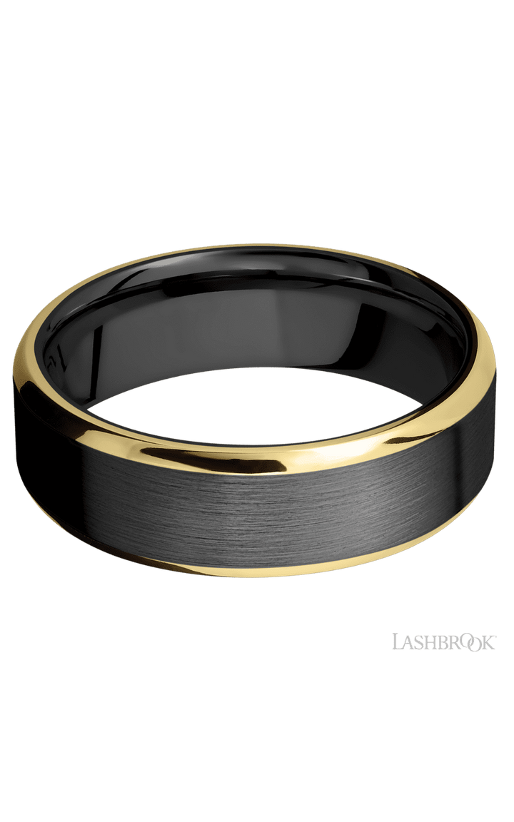 7 mm wide/Beveled/Zirconium band with two 1 mm Edge inlays of 14K Yellow Gold.