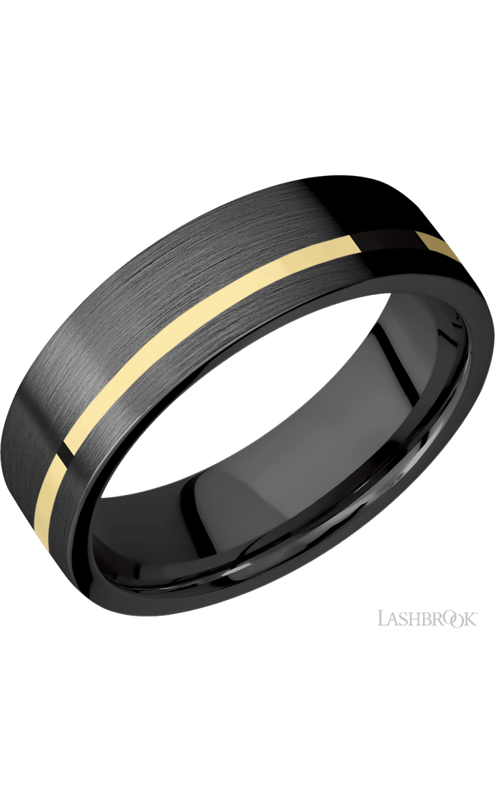 7 mm wide/Flat/Zirconium band with one 1 mm Off Center inlay of 14K Yellow Gold.