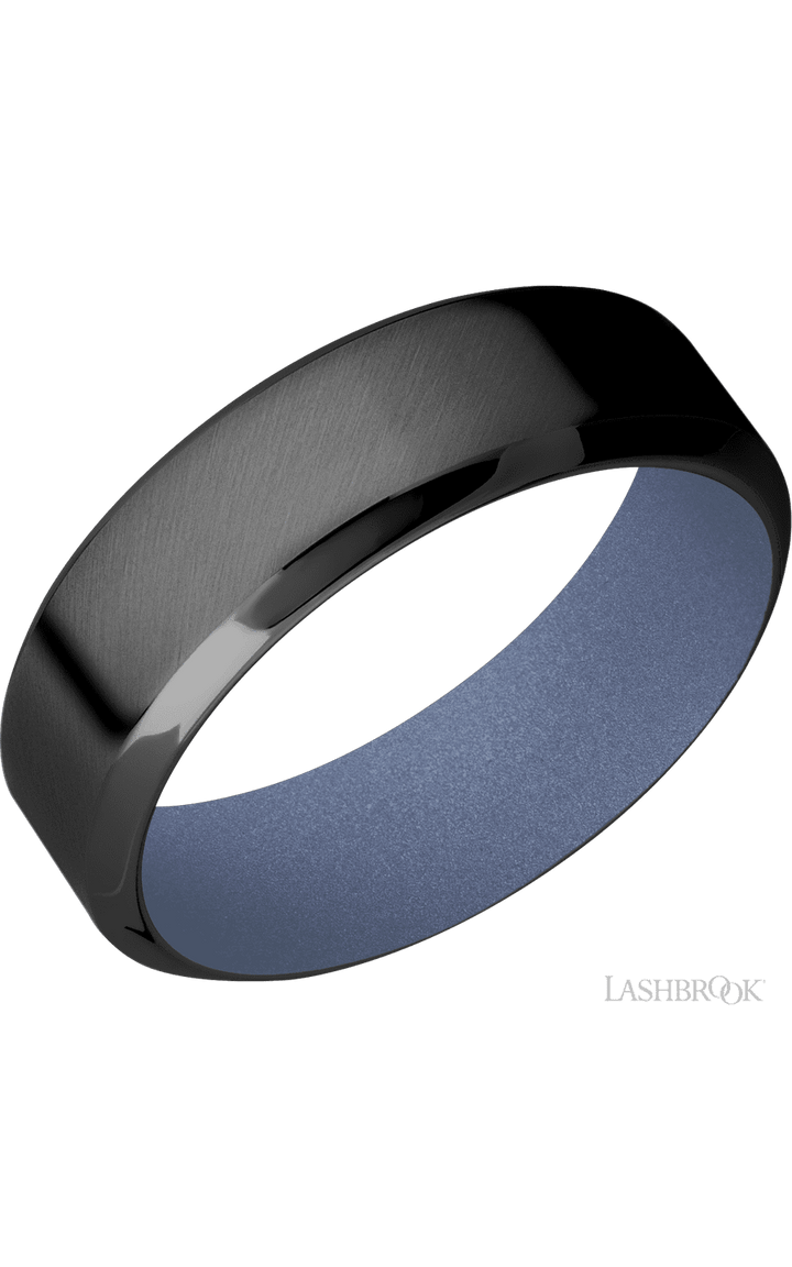 7 mm wide High Bevel Zirconium band featuring a Crushed Orchid sleeve.