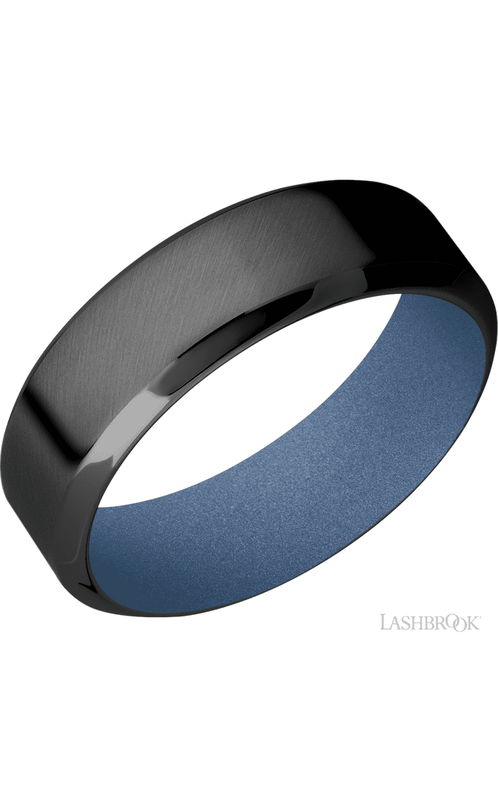 7 mm wide High Bevel Zirconium band featuring a Crushed Orchid sleeve.