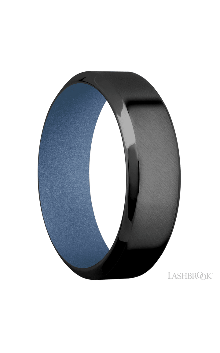 7 mm wide High Bevel Zirconium band featuring a Crushed Orchid sleeve.