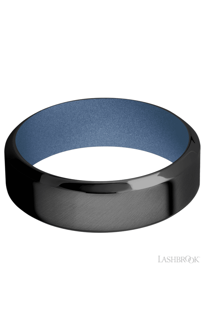 7 mm wide High Bevel Zirconium band featuring a Crushed Orchid sleeve.