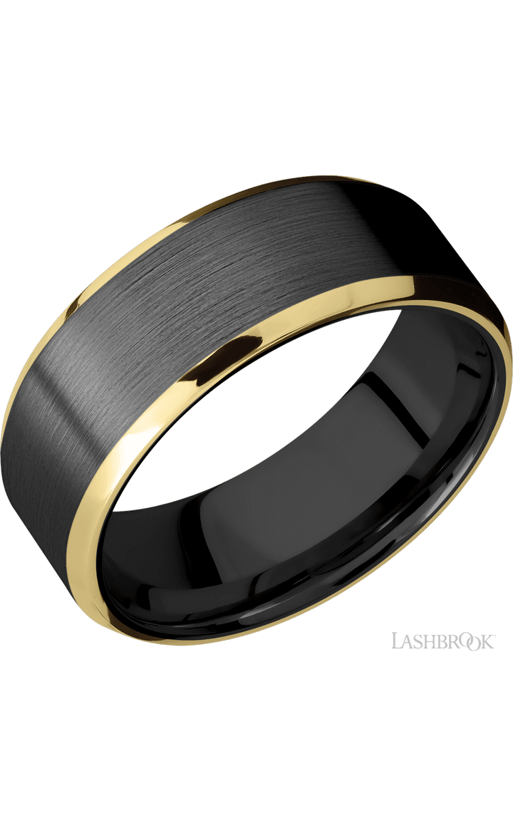 8 mm wide/Beveled/Zirconium band with two 1 mm Edge inlays of 14K Yellow Gold.