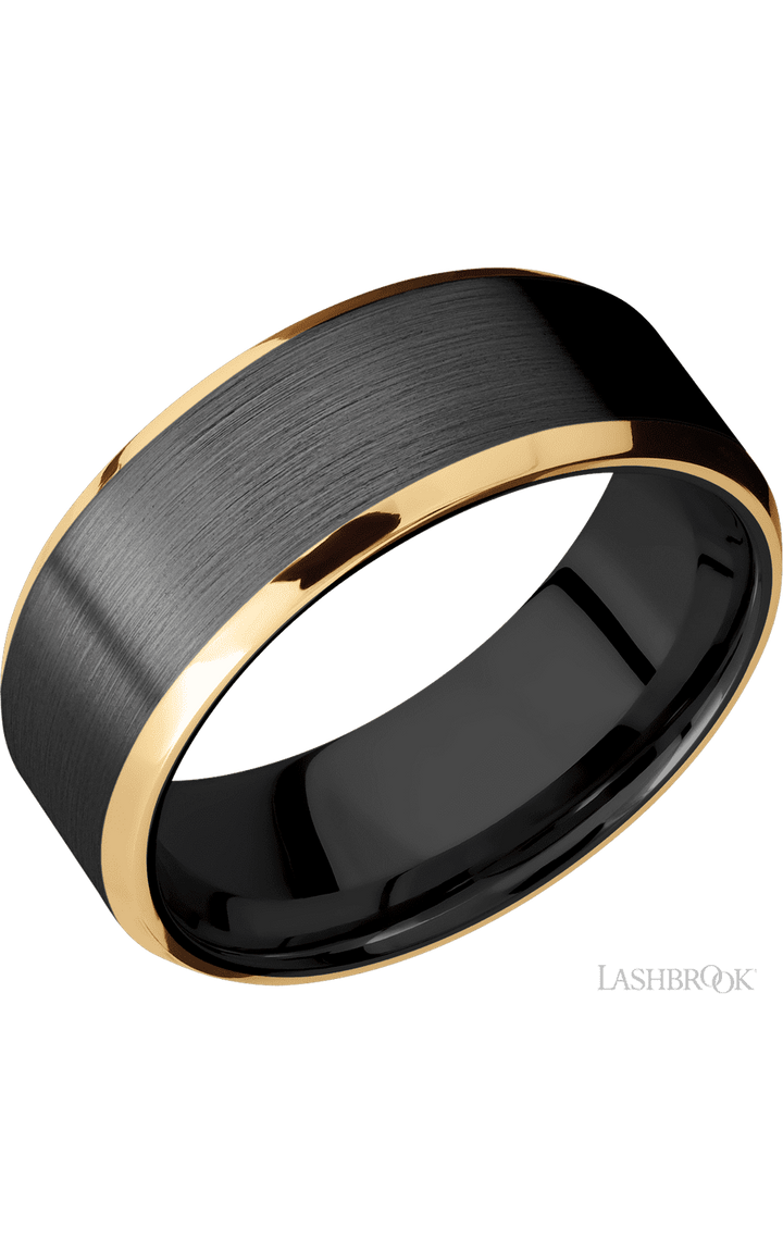 8 mm wide/Beveled/Zirconium band with two 1 mm Edge inlays of 14K Yellow Gold.