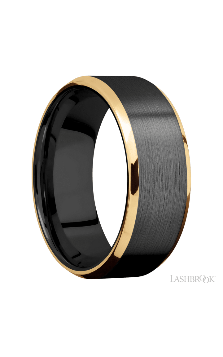 8 mm wide/Beveled/Zirconium band with two 1 mm Edge inlays of 14K Yellow Gold.