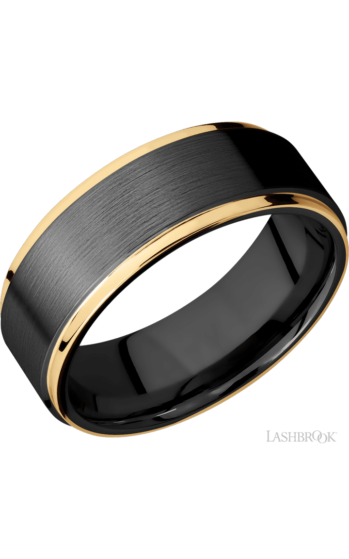 8 mm wide/Flat Grooved Edges/Zirconium band with two 1 mm Edge inlays of 14K Yellow Gold.