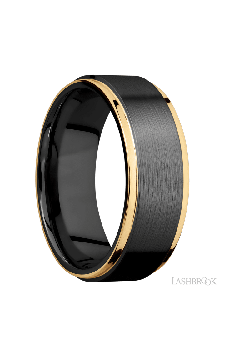8 mm wide/Flat Grooved Edges/Zirconium band with two 1 mm Edge inlays of 14K Yellow Gold.