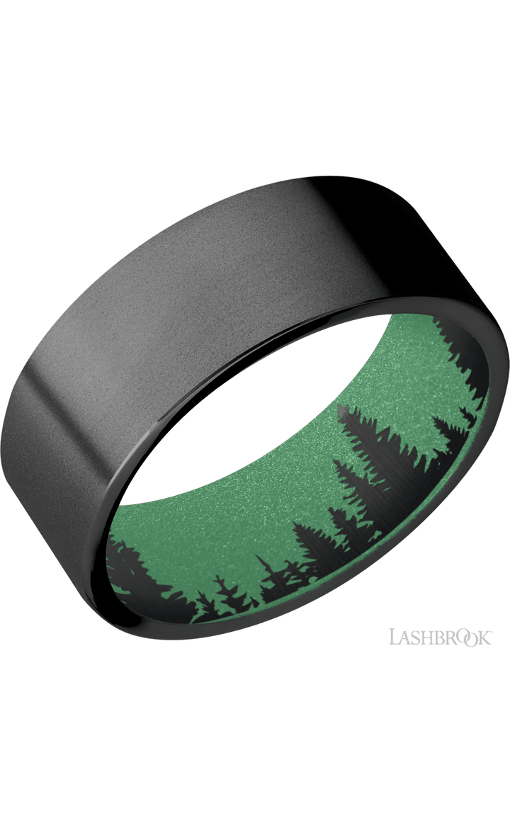 8 mm wide Flat Zirconium band featuring a Squatch sleeve.