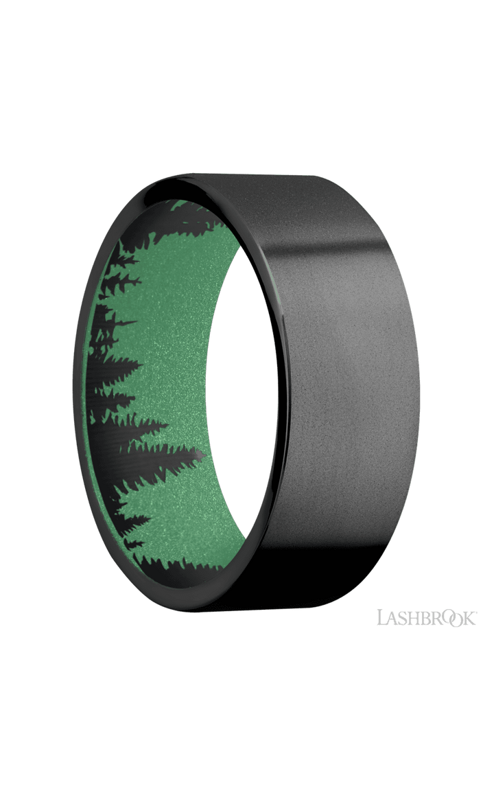 8 mm wide Flat Zirconium band featuring a Squatch sleeve.
