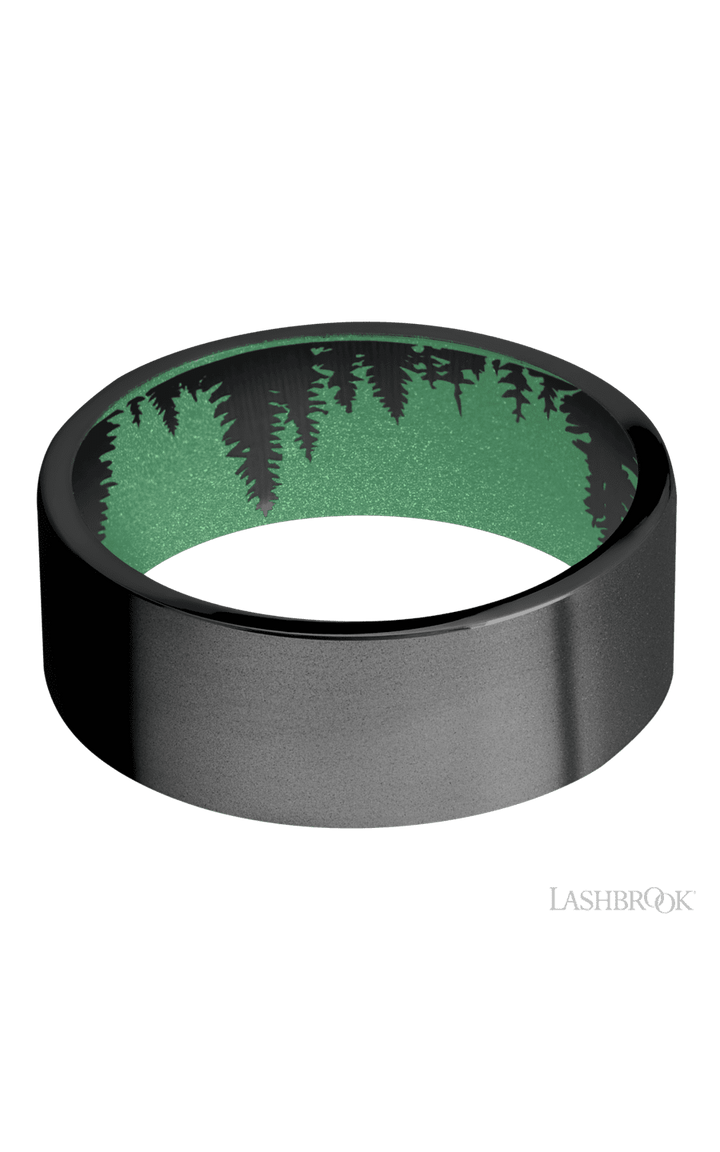 8 mm wide Flat Zirconium band featuring a Squatch sleeve.