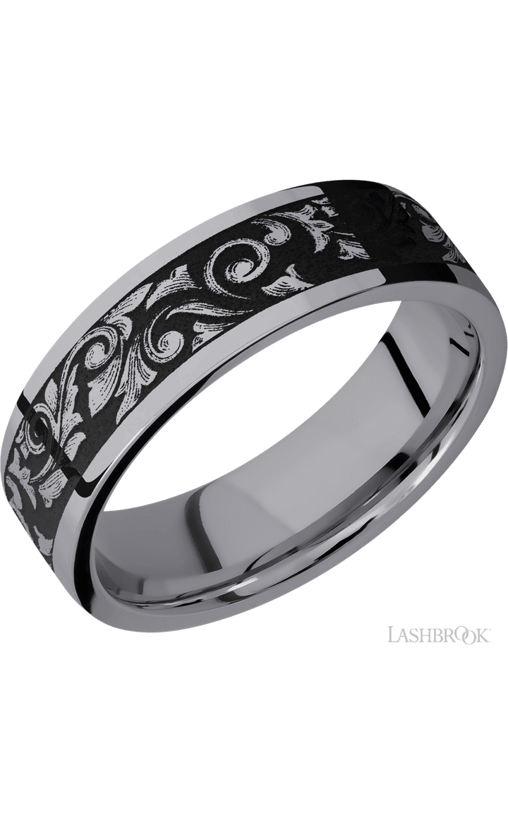 7 mm wide/Flat/Tantalum band with a laser carved Western Scroll pattern.