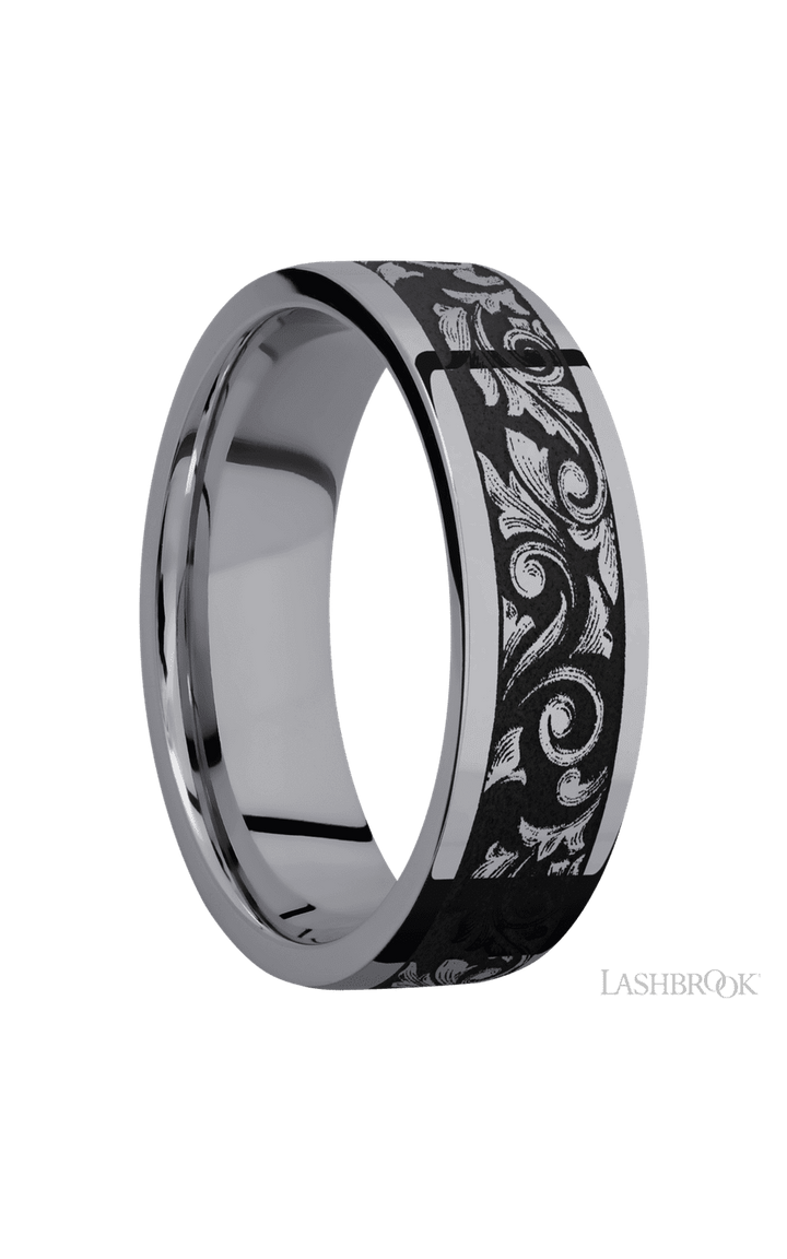 7 mm wide/Flat/Tantalum band with a laser carved Western Scroll pattern.