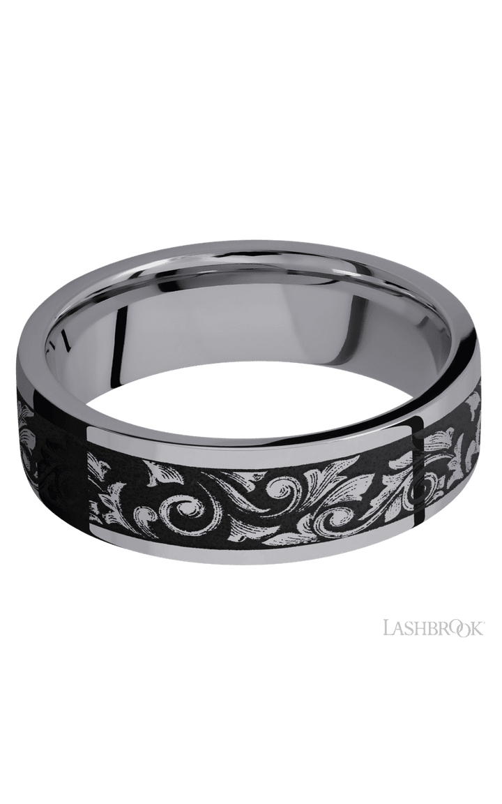 7 mm wide/Flat/Tantalum band with a laser carved Western Scroll pattern.