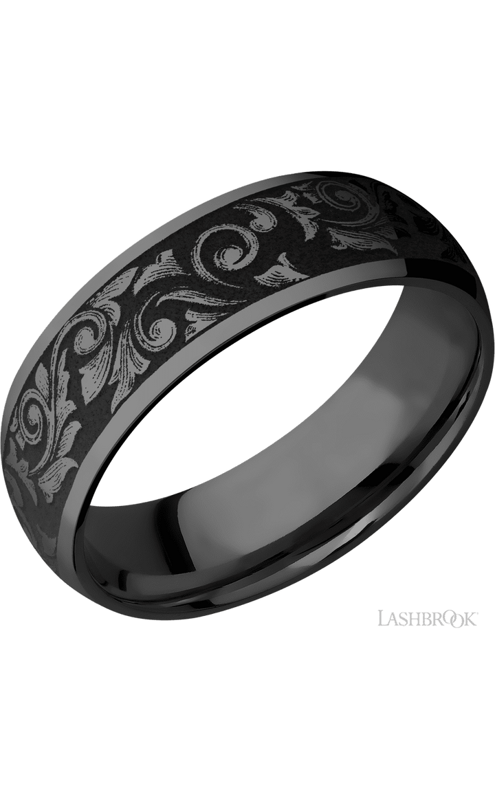 7 mm wide/Domed/Zirconium band with a laser carved Western Scroll pattern.