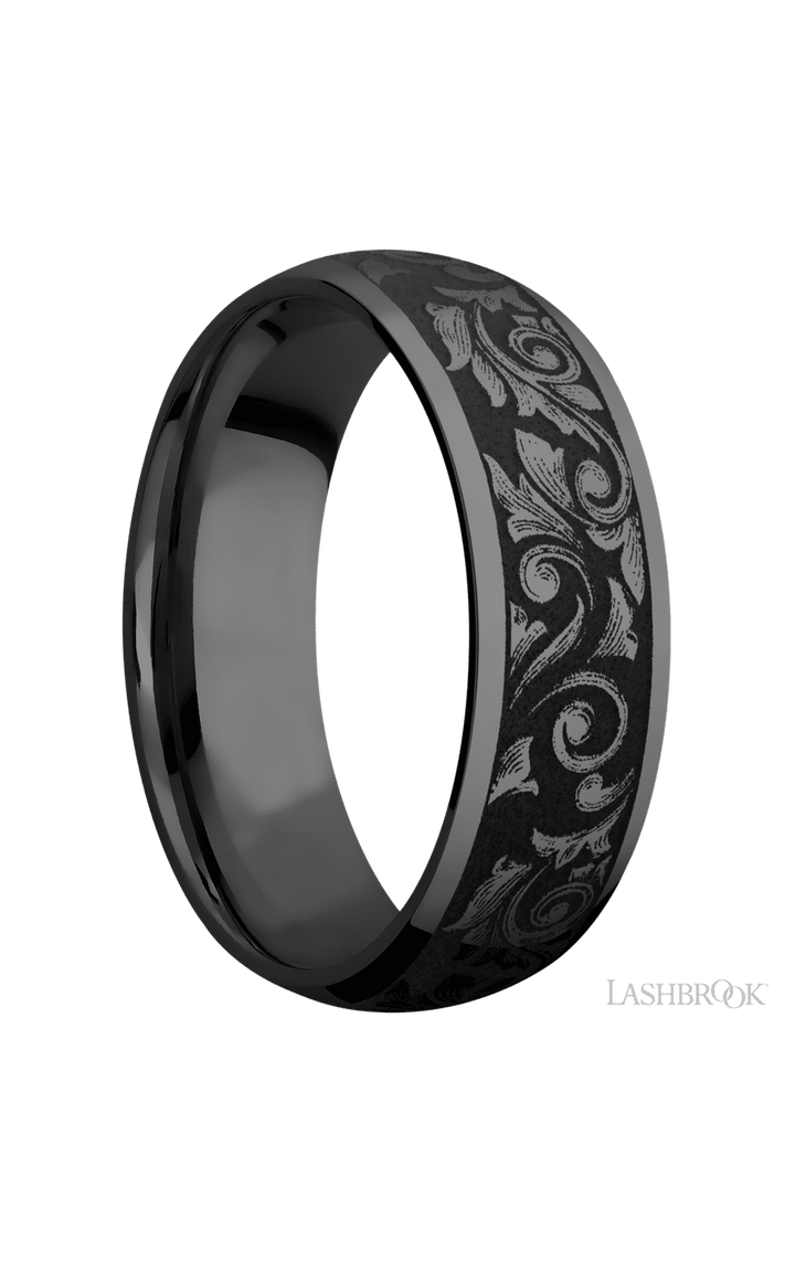 7 mm wide/Domed/Zirconium band with a laser carved Western Scroll pattern.