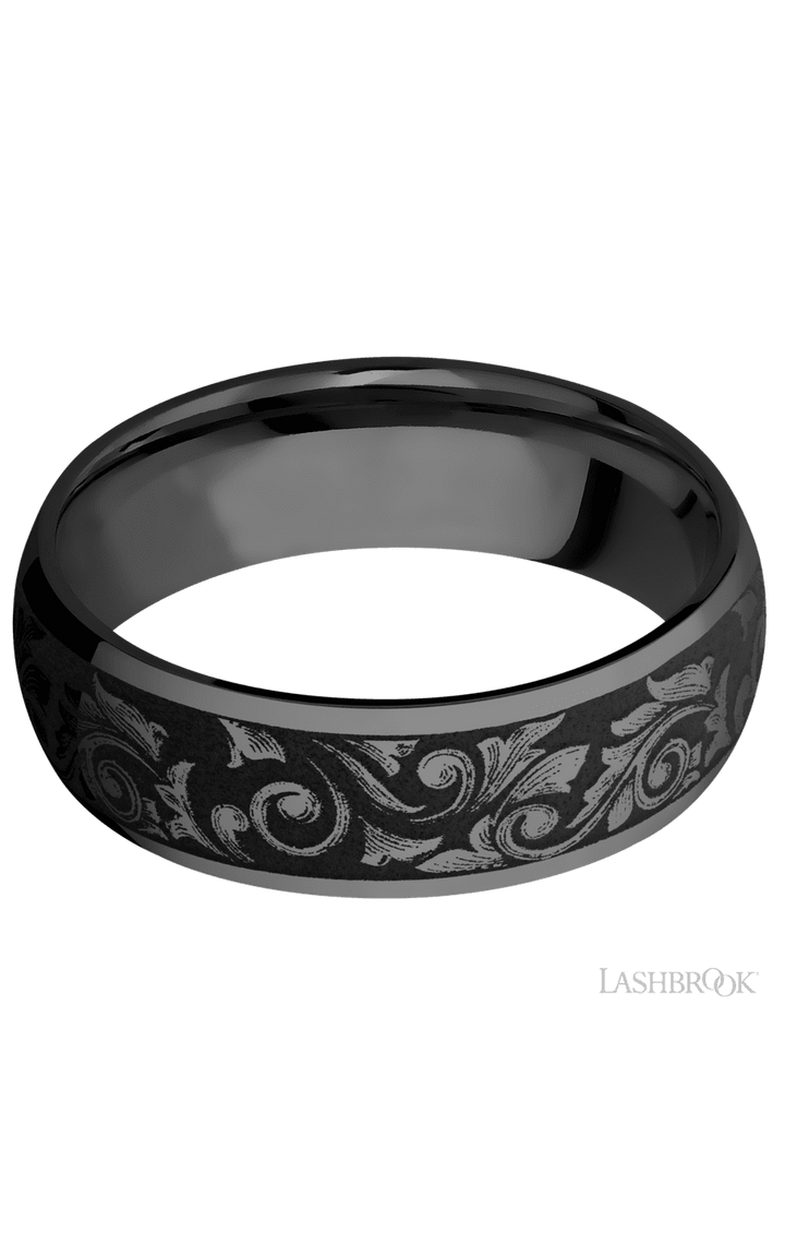 7 mm wide/Domed/Zirconium band with a laser carved Western Scroll pattern.