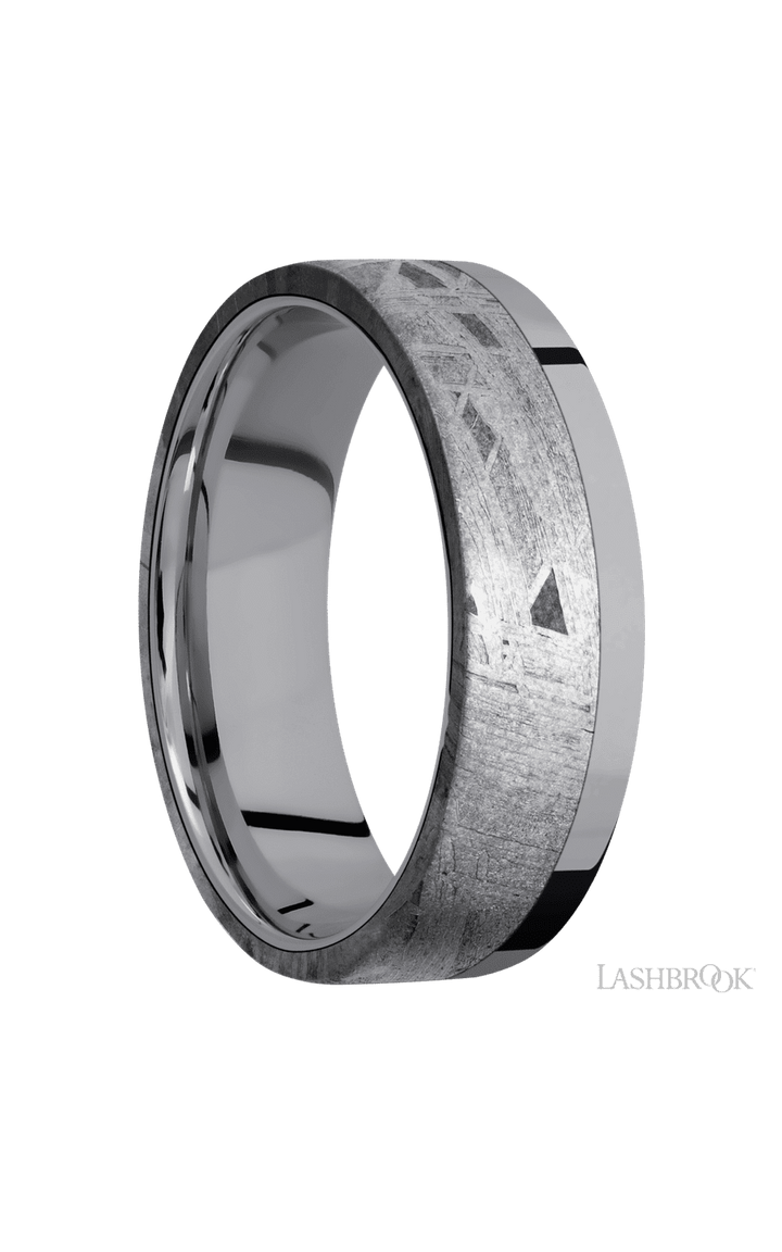 7 mm wide/Flat/Tantalum band with one 5 mm Off Center Edge inlay of Meteorite.