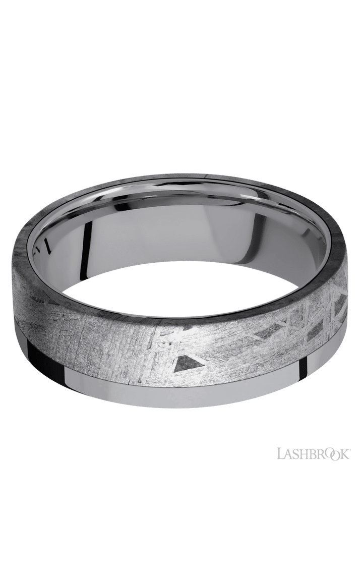 7 mm wide/Flat/Tantalum band with one 5 mm Off Center Edge inlay of Meteorite.