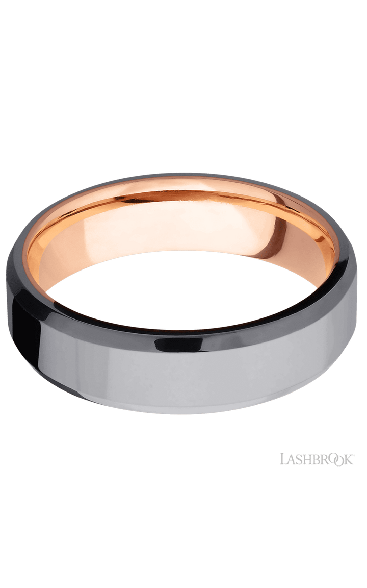 6 mm wide Beveled Tantalum band featuring a 14K Rose Gold sleeve.