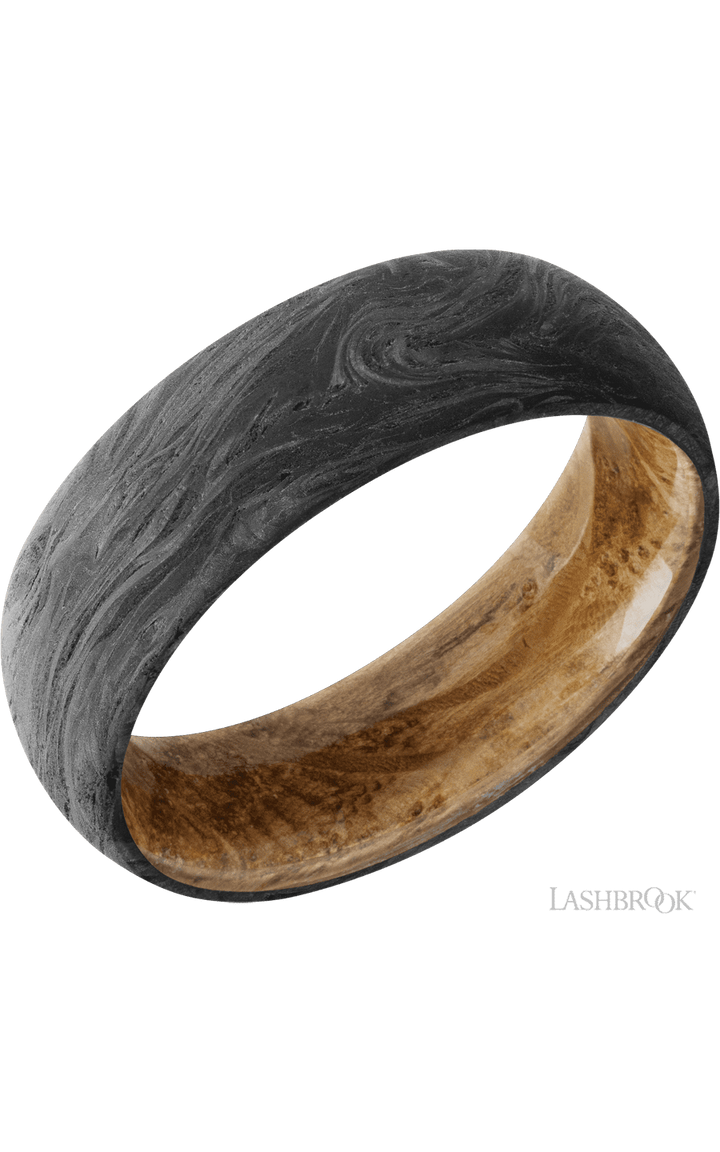 7 mm wide Domed Forged Carbon Fiber band featuring a Whiskey Barrel sleeve.