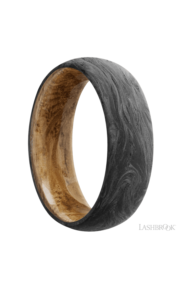7 mm wide Domed Forged Carbon Fiber band featuring a Whiskey Barrel sleeve.