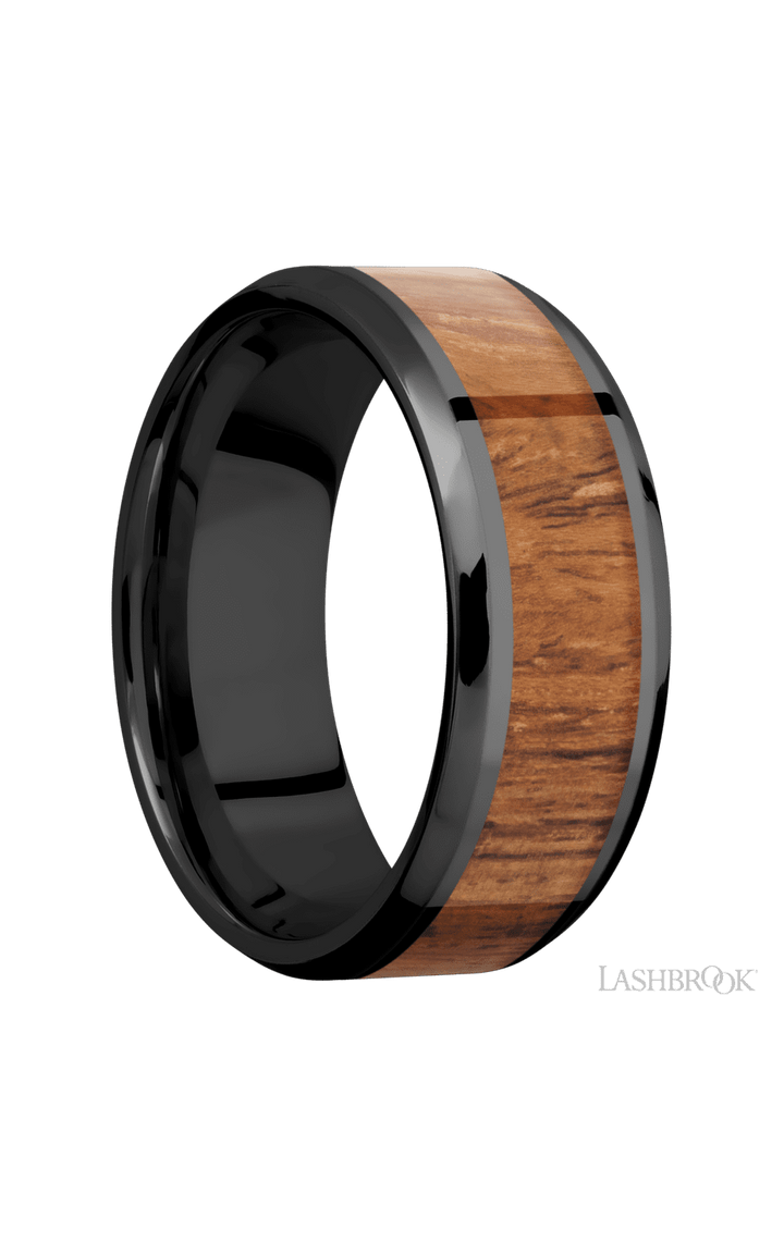 8 mm wide/Beveled/Zirconium band with one 5 mm Centered inlay of Desert Iron Wood.