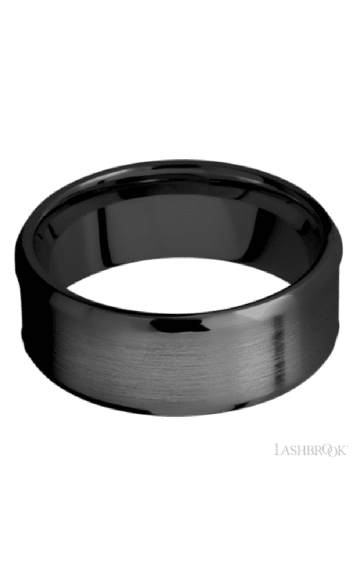 8 mm wide/Beveled/Zirconium band with one 5 mm Centered inlay of Desert Iron Wood.