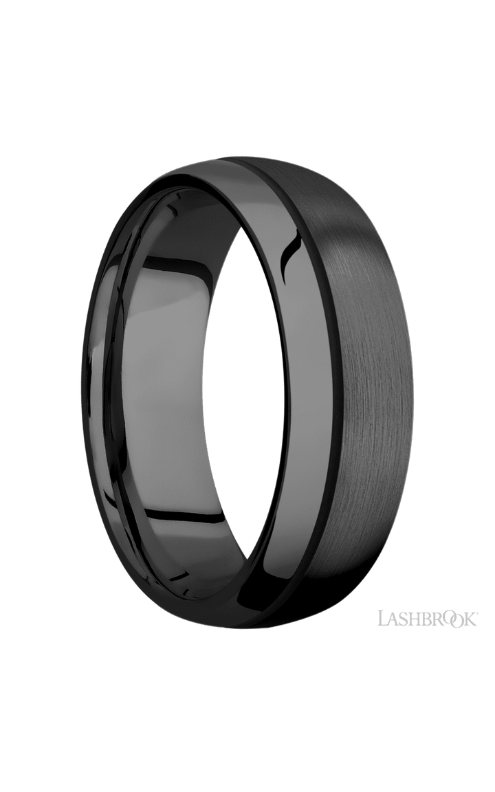 7 mm wide/Domed/Zirconium band with one 0.5 mm Off Center inlay of Black.