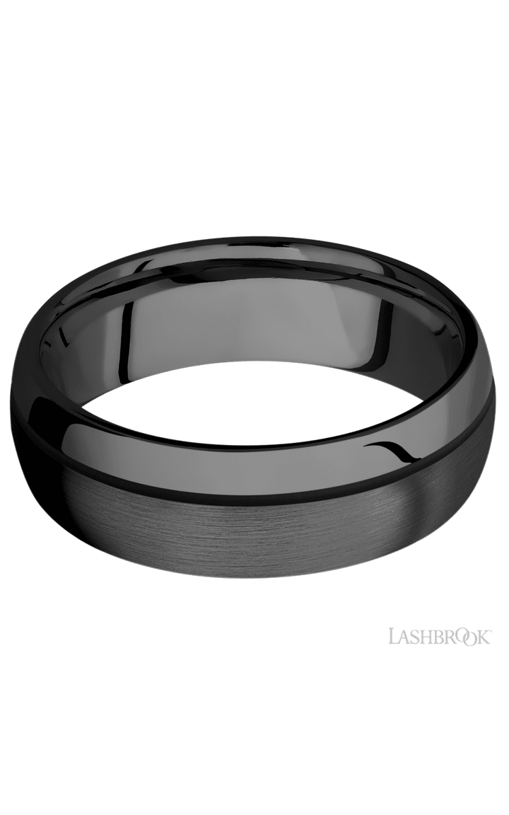 7 mm wide/Domed/Zirconium band with one 0.5 mm Off Center inlay of Black.