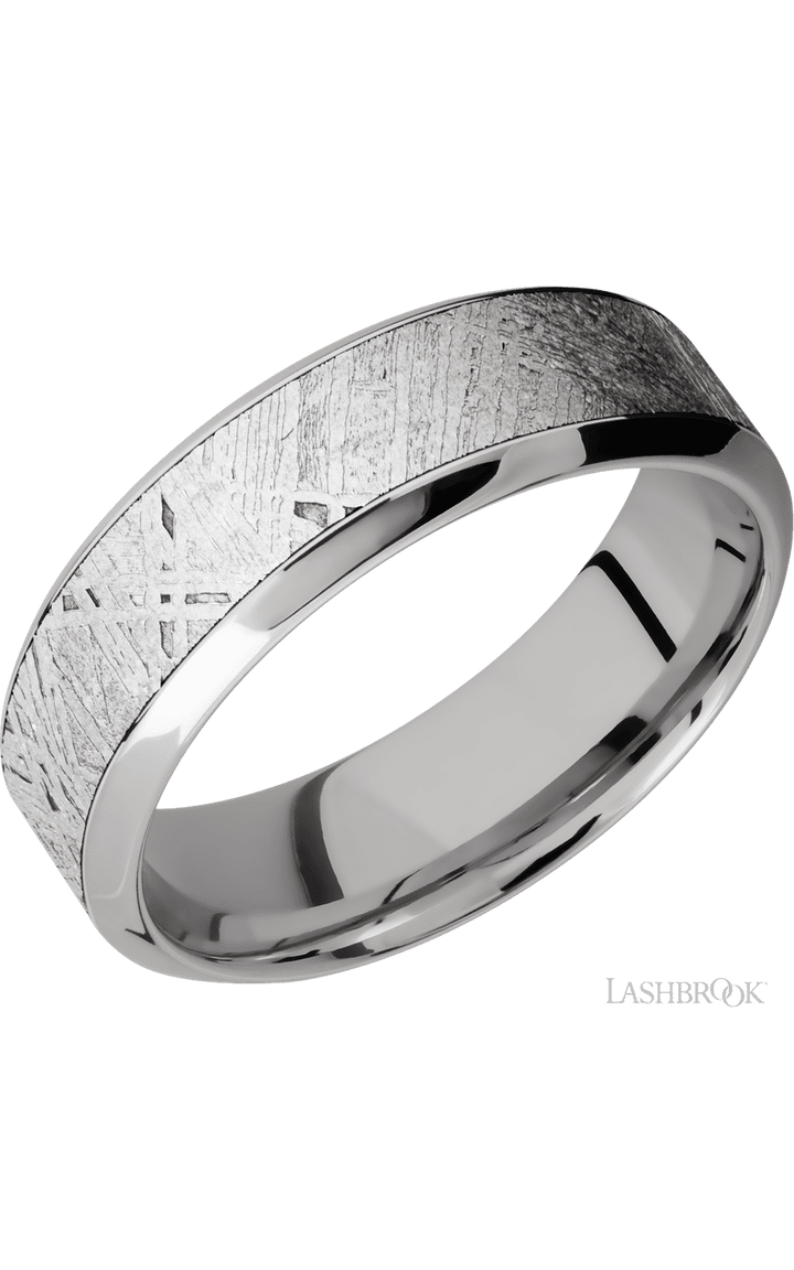 7 mm wide/High Bevel/18K White Gold band with one 4 mm Centered inlay of Meteorite.