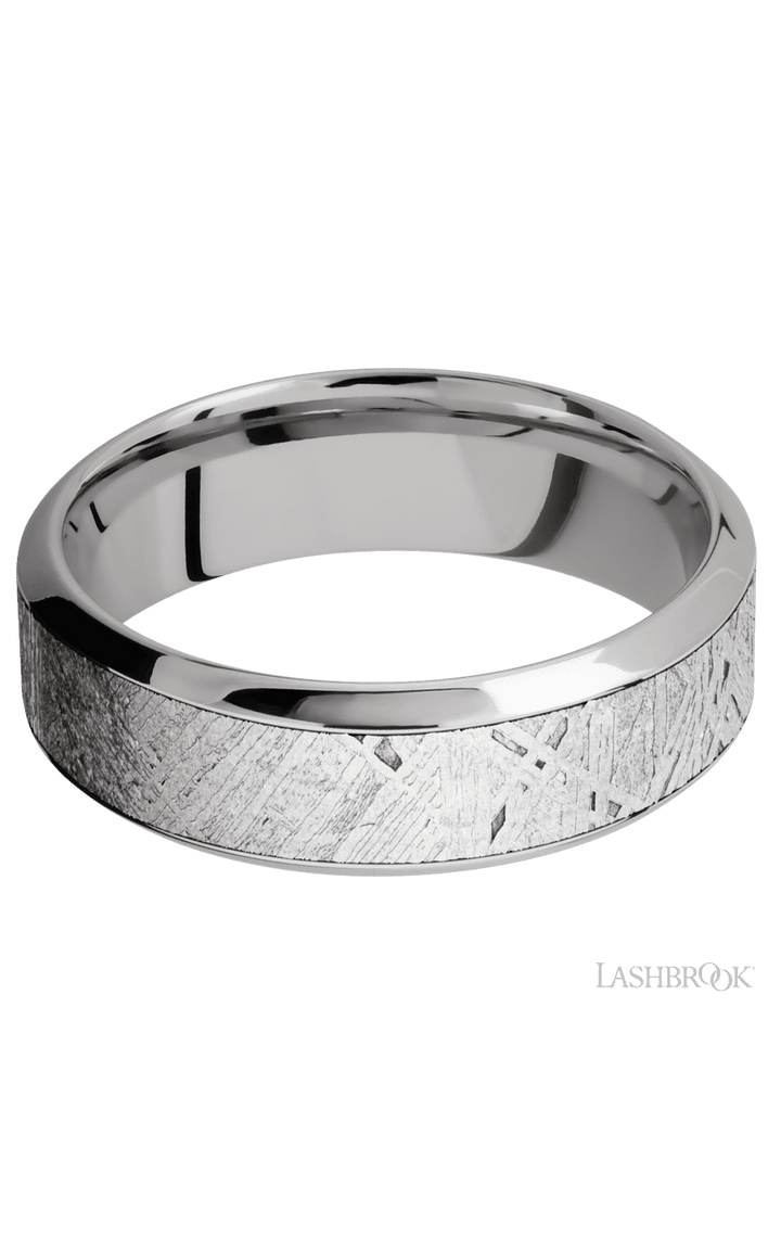 7 mm wide/High Bevel/18K White Gold band with one 4 mm Centered inlay of Meteorite.