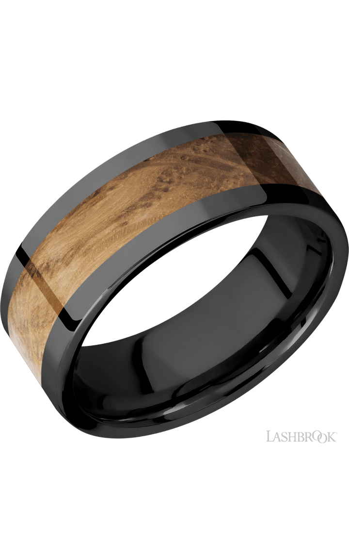 8 mm wide/Flat/Zirconium band with one 5 mm Centered inlay of Whiskey Barrel.