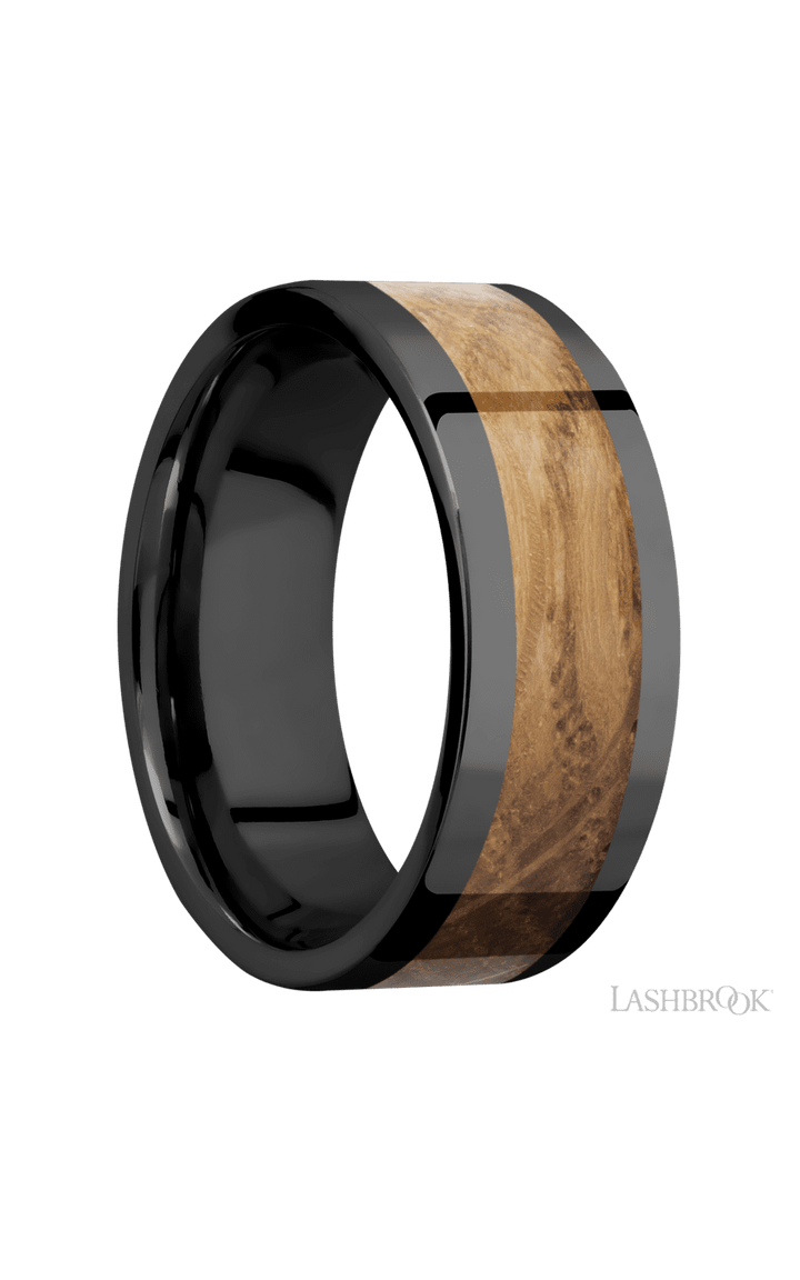 8 mm wide/Flat/Zirconium band with one 5 mm Centered inlay of Whiskey Barrel.