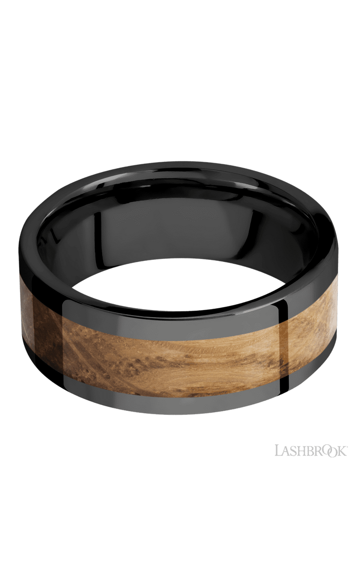 8 mm wide/Flat/Zirconium band with one 5 mm Centered inlay of Whiskey Barrel.