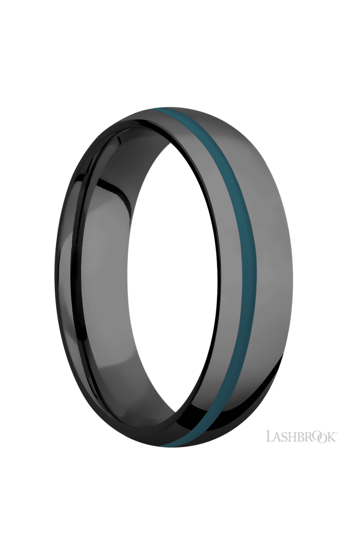 6 mm wide/Domed/Zirconium band with one 1 mm Off Center inlay of Ridgeway Blue.