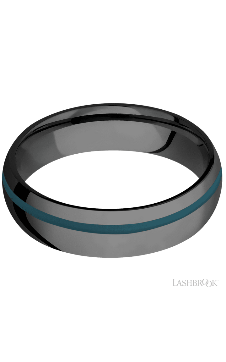 6 mm wide/Domed/Zirconium band with one 1 mm Off Center inlay of Ridgeway Blue.