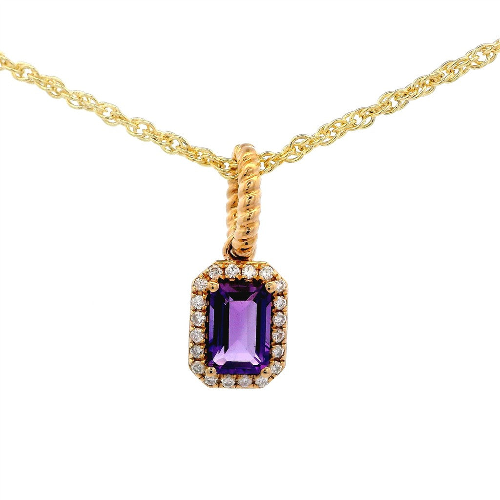 Halo Pendants 14 Karat Yellow with Emerald Cut Amethyst & Round G/H Diamonds