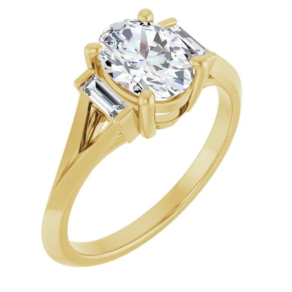 Three Stone Diamond Engagement Ring Yellow 14 Karat Gold For A 1.00 Carat Oval Center Stone