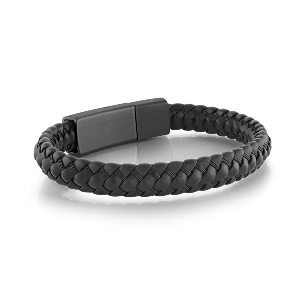 Learher Alternative Metal Bracelet Stainless Steel Black Color 8.5" Long