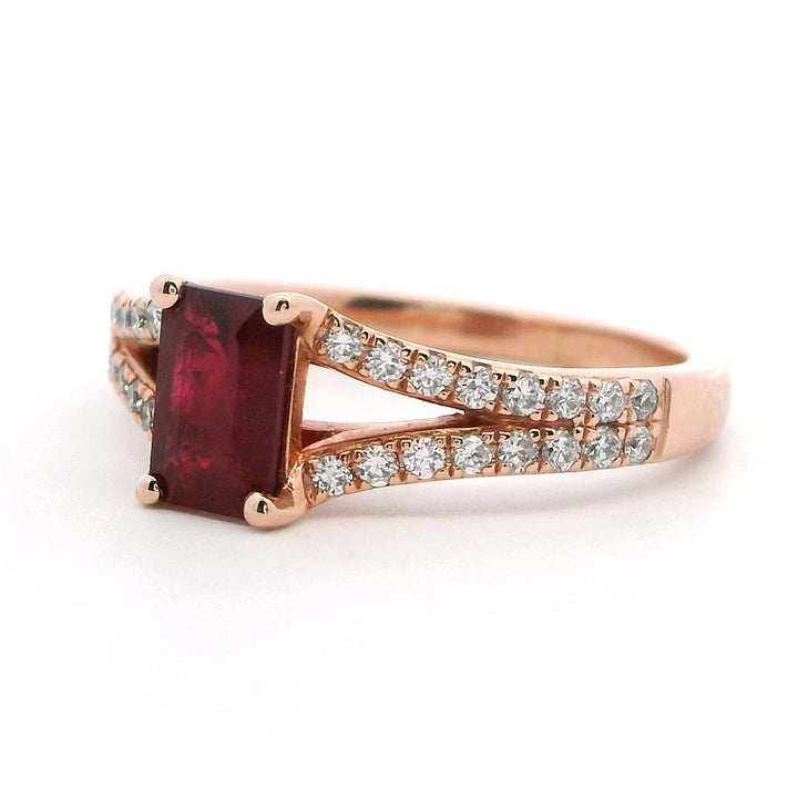 1/2 Carat Solitare Accent Style Engagement Ring Rose 14 Karat Gold With A Ruby Center Stone And Diamonds Accent Stones