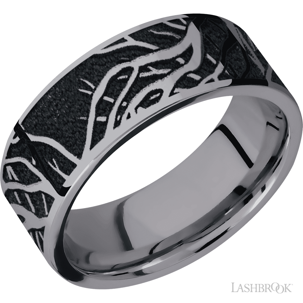 Silver & Black Tantalum Alternative Metal Ring 8mm wide with a Branches pattern Size 12
